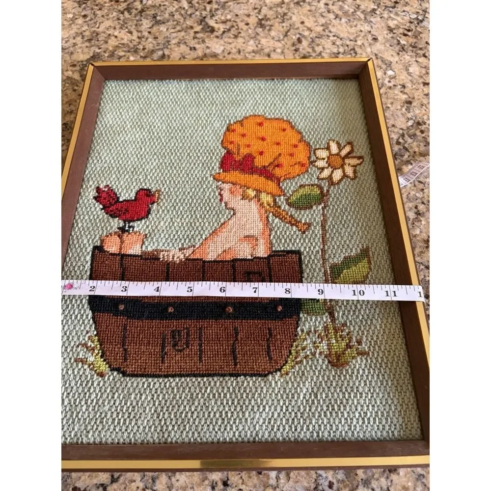 Vintage Needlepoint Finished Framed Saturday Night Bath Girl Birth Bath